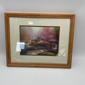 Thomas Kinkade Cottage Landscape Framed Art Print Oak Wood Frame Double Matted